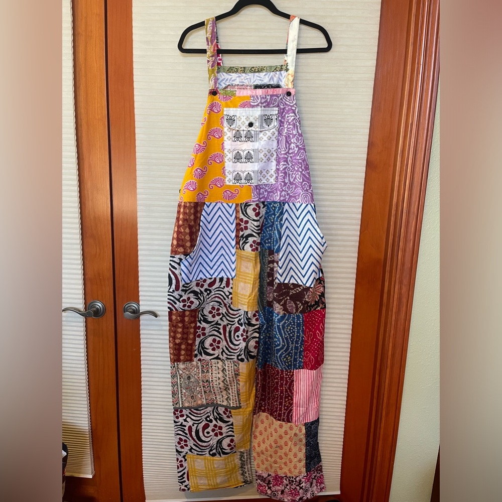 Handmade patchwork overalls OS with adjustable button straps